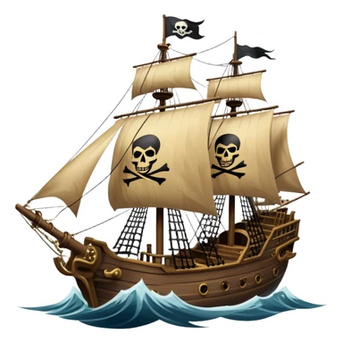 An icon representing an adventure game, inspired by high-seas exploration. The design features a fearless pirate gripping the wheel of a grand sailing ship, its tattered Jolly Roger flag billowing as it cuts through stormy waters. The scene evokes danger, treasure, and the thrill of the open sea. Transparent background. sticker