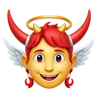angel smiley face with big red crooked halo and 2 red horns sticker