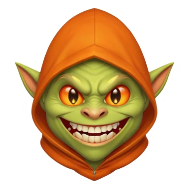 Hobgoblin-style goblin face emoji, orange hood, evil grin, sharp teeth, expressive Apple-style emoji sticker