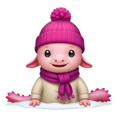 Axolotl playing in snow with winter clothes. sticker