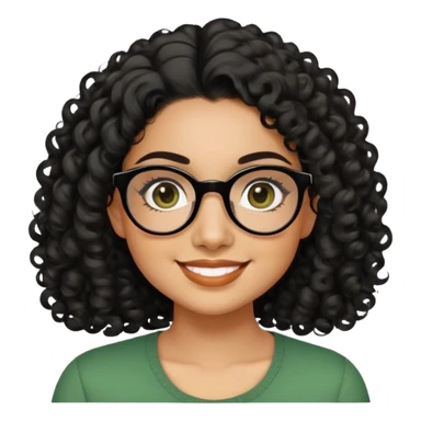 Hispanic woman in her 20s with caramel skin tone. Round face with prominent cheeks and dimples. Dark eyes with black thick-framed glasses. Shoulder-length curly black hair with defined curls. Wide sincere smile. Wearing a green casual top. sticker