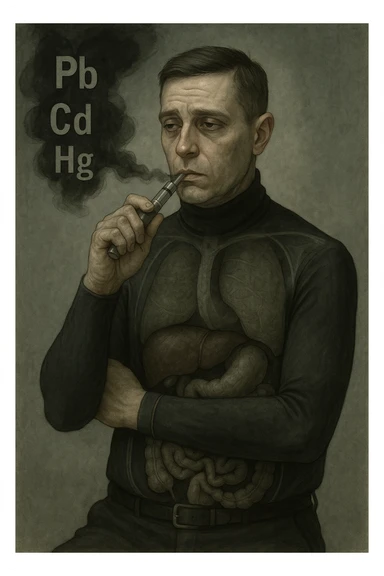 Realistic medical style illustration of a man aged 30-40 years with pale skin, dull eyes, and a tired face, inspired by the reference photo. He holds an electronic cigarette emitting dark smoke with chemical symbols Pb, Cd, Hg. His body is transparent showing dark liver and intestines. The atmosphere is gloomy with metallic colors, realistic medical style. sticker