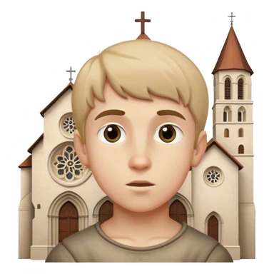 European boy looking at Romanesque church sticker