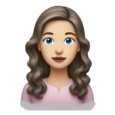 A white woman with a long face, wavy medium-dark brown shoulder-length hair, pink lips, and blue eyes, on a white background  sticker
