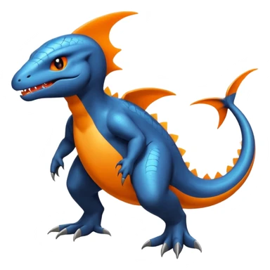 Shiny Black Koraidon-Latios-Salandit-Fakémon-hybrid-creature (full body) with orange belly sticker