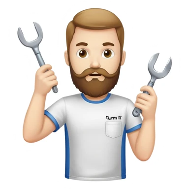 бородатый IT-спец в футболке !Снова включить и выключить!', бегает с гаечным ключом вокруг дымящегося сервера sticker