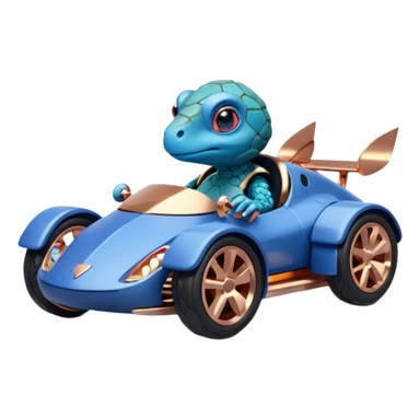 dark crystal blueberry and rosegold-accented cyber faceted-body electric racing car driven by a small cute smoking relaxed turtle with rear spoiler, roll bar, and wheely bar sticker