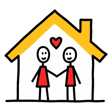 Two simple figures holding hands in front of a house with a heart surrounding them, Keith Haring style with bold lines and simple colors sticker