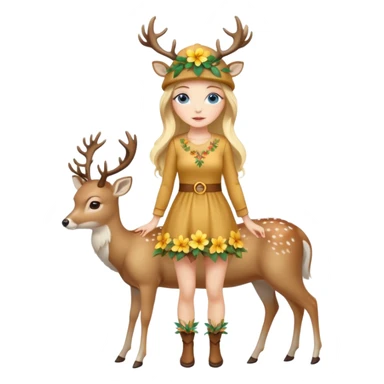 full body woman long blonde hair blue eyes white skin wearing deer hat and golden flower dress sticker