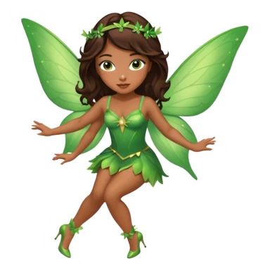 Pretty girl with caramel skin. Dark brown hair and brown eyes. She has freckles. Wearing sexy makeup. Wearing a green fairy costume and heels and flying sticker