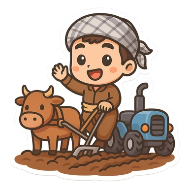 Create a chibi cartoon sticker of a Kurdish farmer who is plowing the land using both a cow and a tractor at the same time, in a cheerful and colorful style, with a transparent background. sticker