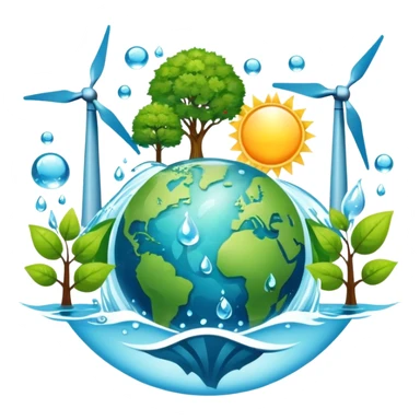 An icon featuring a green Earth, a tree, recycling symbols, and renewable energy sources like wind turbines, solar panels, and hydropower. The design includes animals, water droplets, and the sun, representing ecology, sustainable energy, and environmental protection. Transparent background. sticker