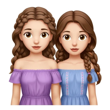 Two girls. The first one is very tall, has mid length brown very wavy hair, full lips, hazel eyes, wearing a cute off shoulder summer dress, she is also thin. The other one, quite shorter, long brown straight hair in one braid, hazel eyes. She is athletic a little bit.  sticker