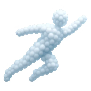 a person flying, entirely made of small, very bright white fluffy convex clouds, minimalist, airy, glowing, matte glass style, no background sticker