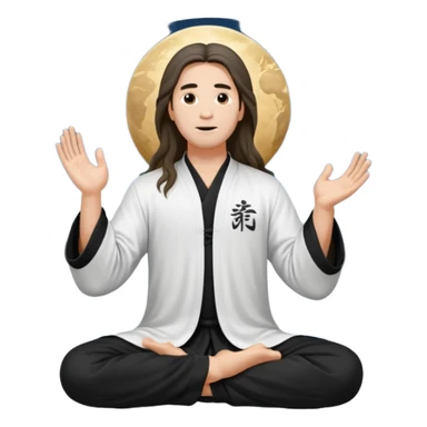 homme au cheveux long qui pratique le qi gong, habits noirs ou blancs,dans la position suivante : le ciel et la terre communiquent sticker