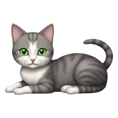 full body tiny short hair dark grey and white cat with white front legs and green eyes lying down sticker