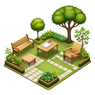 Icon for Landscape Design: a garden layout with trees, plants, pathways, and outdoor furniture, along with design tools like a rulerб pencil and sketchpad. The icon should represent the creativity and planning behind landscape design. Transparent background. sticker