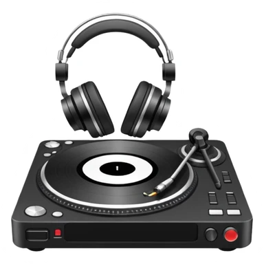 Minimalistic flat vector icon, iOS style, thin black contour on white background. DJ turntable with headphones. No text, no shadows. sticker