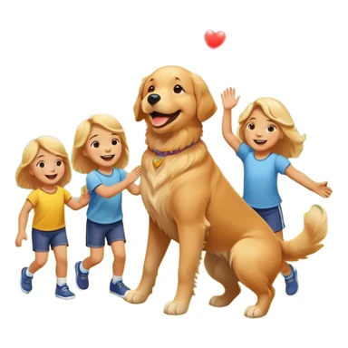 A Golden Retriever playing with children in a park, joyful interaction, warm sunlight, natural smiles, photorealistic family scene. sticker