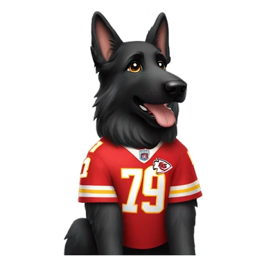 black long haired German Shepherd dog wearing a Kansas City Chiefs jersey with the number 1 on the jersey jersey  sticker