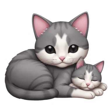 dark grey and white small cat with eyes closed, leaning his head on his paw while leaning on his elbow lying down sticker