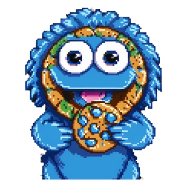 cookie monster, vibrant blue fur, big googly eyes, holding a cookie, playful expression, simple background sticker
