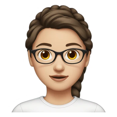 white girl with dark brown hair with two ponytails in a white shirt with pink on her face and wearing glasses sticker