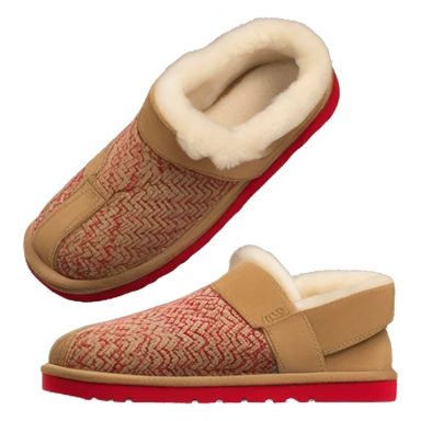 Camel color platform slip-on UGG slippers. thin red woven zig-zag trim line detail on the cuff sticker