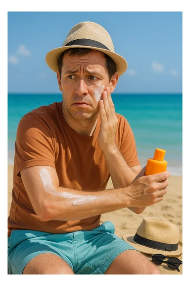 uomo a mare che si mette la crema solare perchè ha paura del sole sticker