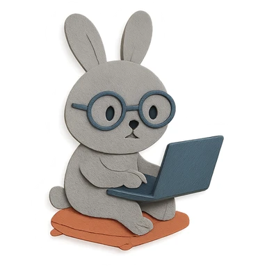 full-body round-faced gray bunny wearing glasses, sitting on a small cushion, working on a laptop with focused eyes, paper-craft style sticker