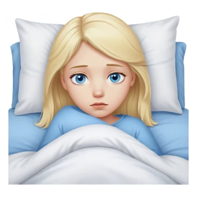 Sad blonde girl blue eyes in bed sticker