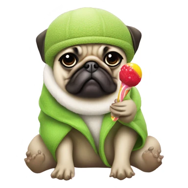 Pug wearing Ugg slippers and a frog hat eating a lolly sticker