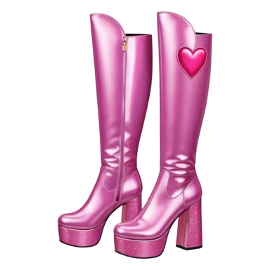 glittery pink platform knee high gogo boots with heart on side sticker