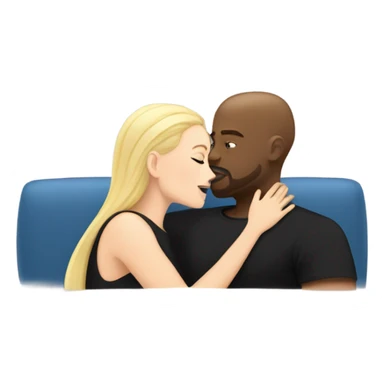 Blonde woman with blue eyes and long straight hair wearing a short black dress and a black man who is bald with a goatee seated together on a sofa enjoying a loving kiss.   sticker