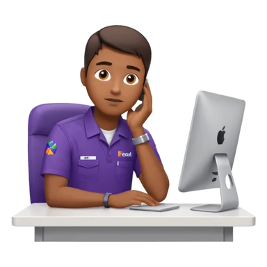 emoji of a man sitting at the table with an imac on it, a man is sitting in a very thoughtful pose, he has his hands on the table and his head resting on themб he look into the screen of imac, he is dressed in FedEx delivery uniform sticker
