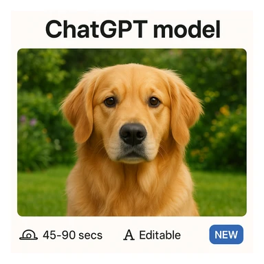 Move the 'ChatGPT model' title to the top and the other tags ('Speed icon: slow 45-90 secs', 'Editable', 'Text generation', 'New') to the bottom. Use a golden retriever in a garden as the image background, seamless website style. sticker
