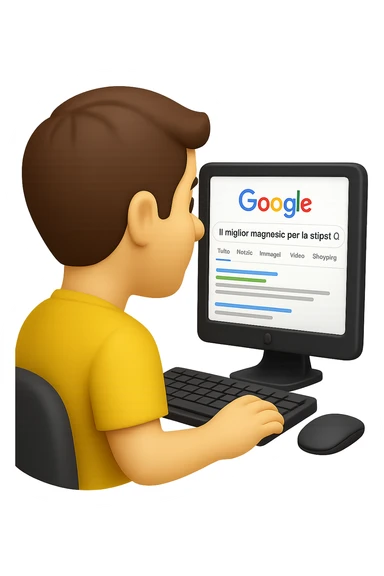 emoji stile iphone di un uomo davanti al pc che cerca di google: "Il miglior magnesio per la stipsi", iperrealistico 4k sticker