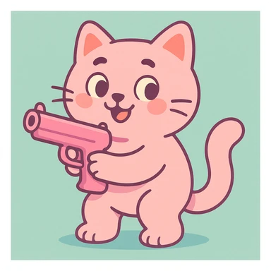 cute pink cat holding a pink gun, gentle shading, rounded shapes, cheerful vibe sticker