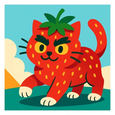 a cat with strawberry-like skin, prominent bushy eyebrows, and white toes, vibrant colorful style sticker
