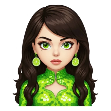 Charli XCX with long dark brown hair, lime green sequin outfit sticker