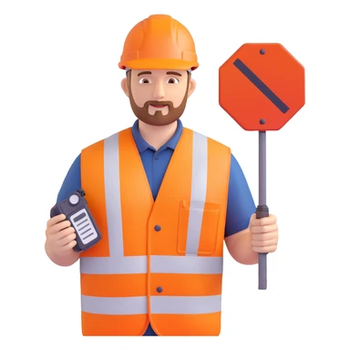 Network Rail worker emoji inspired by Keith Morey: orange vest, hard hat, holding a walkie-talkie, with a railway sign nearby sticker