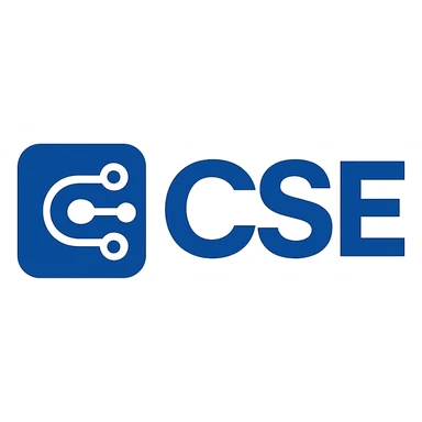 modern CSE logo, bold sans-serif letters, simple tech icon, blue and white sticker