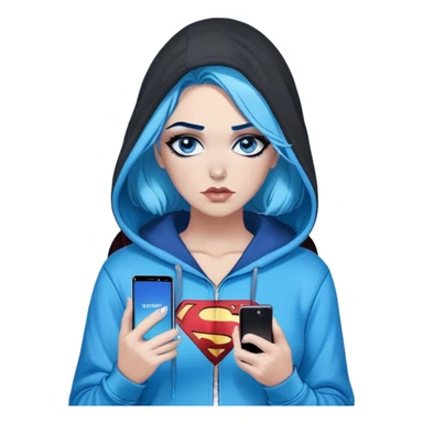 Thought bubble saying I'm sorry-Female-very very very large chest-texting on a samsung cell phone-very long straight black to sky blue hair ombre-blue eyes-black eyeliner-long eyelashes-unzipped hoodie with glitter superman logo-leggings-lippierced sticker
