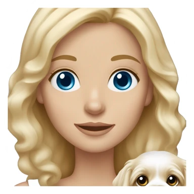 White blond girl with long hair and blue eyes holding a cavapoo dog sticker