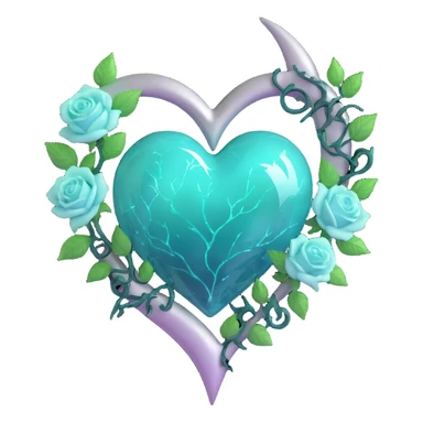 gothic heart made of teal glass, silver crescent moon, mint green roses, holographic stardust, neon white lightning, drenched and splintered glass sticker