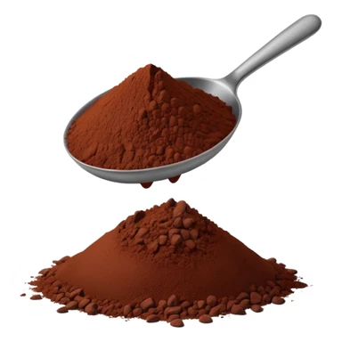 small pile of cocoa powder, deep brown, soft and velvety, slightly uneven edges, tiny metal spoon partially dipped, clean, detailed, 3D-rendered, smooth shadows, subtle lighting, tactile look, no packaging, no text, no extra elements, transparent background, emoji scale sticker