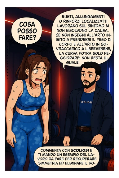 ispirati a questo stile di disegno e fai questa immagine in versione manga/webtoon a colori, il manga mostra la donna preoccupata che chiede: "COSA POSSO FARE?" E L'UOMO CHE RISPONDE: Busti, allungamenti o rinforzi localizzati lavorano sul sintomo ma non risolvono la causa. Se non insegni all’arto inibito a prendersi il peso del corpo e all’arto in sovraccarico a liberarsene, la curva potrà solo peggiorare; non resta uguale. Commenta con scoliosi e ti mando un esempio del lavoro da fare per recuperare simmetria ed eliminare il dolore. sticker