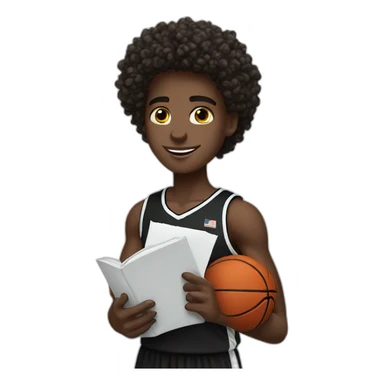black basketball player holding the notebook wearing black and white jersey curly hair and handband sticker