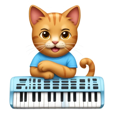 tan-red cat wearing a light-blue t-shirt taps musical keyboard sticker
