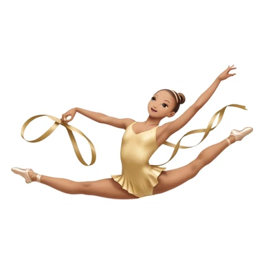 A graceful rhythmic gymnast performing with a flowing ribbon, executing an elegant leap mid-air. The pose exudes flexibility, balance, and artistry. The background suggests a competition arena with soft lighting, emphasizing movement, precision, and the beauty of the sport. sticker
